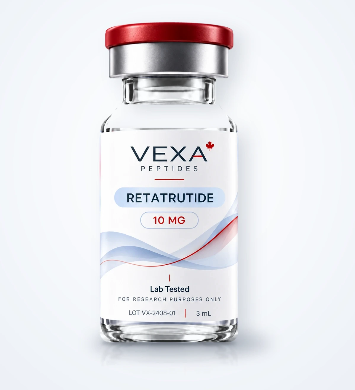 Vexa Peptides Retatrutide vial with red cap and white label